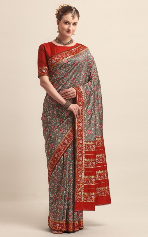 KAPAAHA Woven Navratan Patola Saree (Grey)